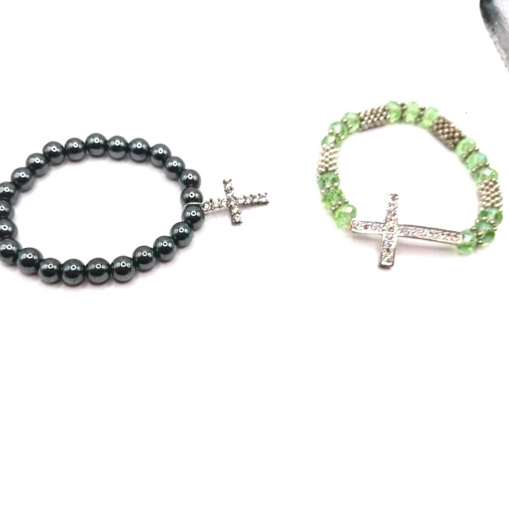 Faceted Multi Colored 8"Beaded Rhinestone Cross Bracelets Lot Of 2